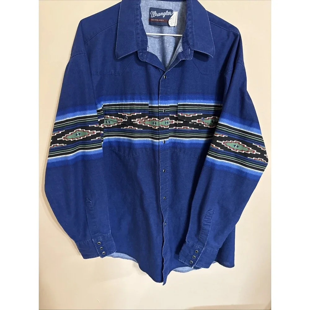 Wrangler Pearl Snap Western Shirt XL Cowboy Rodeo Aztec Southwestern Blue Vtg - Picture 8 of 9